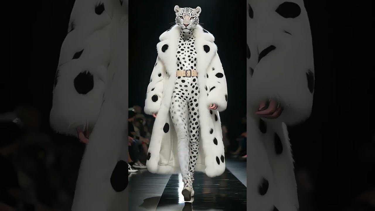 Ihmismäinen malli lumileopardin päällä kävelee catwalkilla